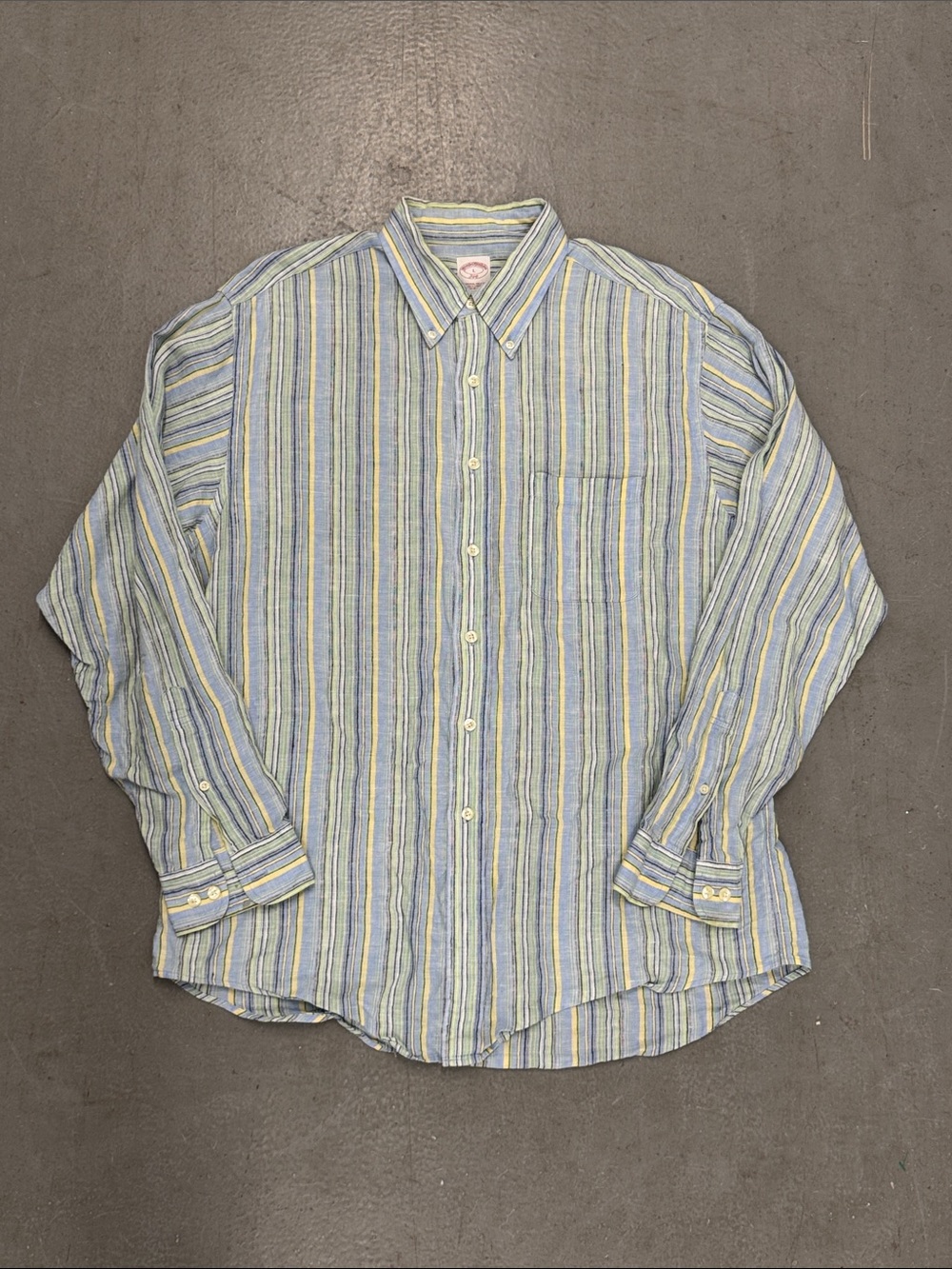 Brooks Brothers Blue and Yellow Striped Button-Up Linen Shirt Size L